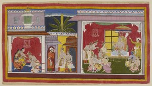 Add 15296 (1) f.2r, In de troonzaal van Ayodhya (rechts), Koning Dasaratha zit met zijn vier zonen, zijn minister Sumantra en zijn hoofdpriester Vasistha. Yudhājit, de broer van koningin Kaikeyi en de oom van Bharata, is gekomen om Bharata te bezoeken door Indian School