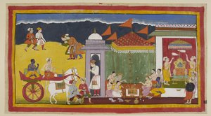 Add 15296 (1) f.30r, Sumantra arriveert bij de ingang van het paleis met Rama in zijn wagen, met stadsbewoners die buigen om hen te verwelkomen. Eenmaal binnen de paleismuren neemt Rama deel aan offers aan het heilige vuur met brahmanen onder een pandal, t door Indian School