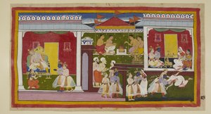 Add 15296 (1) f.34r, Rama accepteert zijn verbanning met perfecte gelijkmoedigheid, en hij en Laksmana nemen afscheid van Kaikeyi en Dasaratha, die met neergebogen hoofd en afgewende blik zijn zoon niet kan aankijken. Hij en Laksmana verlaten het paleis va