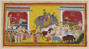 Rama heeft Sita en Laksmana niet kunnen weerhouden om hem te vergezellen. Sita verdeelt haar juwelen en kleding aan de stadsbewoners. door Indian School