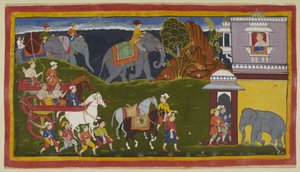 Add 15296 (1) f.4r, Bharata, Shatrughna en hun oom, samen met bedienden en twee geleide rijpaarden, met beladen olifanten voorbij de horizonlijn, arriveren bij het paleis van de koning van Kekaya, Bharata