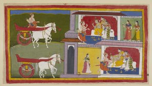 Add 15296 (1) f.72r, Links keert Sumantra terug naar Ayodhya en betreedt het paleis om Rama