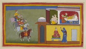 Add 15296 (1) f.83r, De vier boodschappers te paard naderen de stad Kekaya, terwijl bedienden proberen Bharata wakker te maken, die verontrustende dromen over zijn vader heeft gehad. In een van hen, hieronder getoond, zit de koning eenvoudig gekleed op een door Indian School