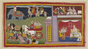 De boodschappers, in een bovenkamer, vertellen de prinsen om terug te keren naar Ayodhya. Beneden in de troonzaal, gekleed voor de reis, nemen de prinsen afscheid van koning Kaikeyi en zijn zoon Yudhajit. Ze zitten in een strijdwagen met de boodschappers.