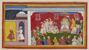 Dasaratha zit op zijn troon in volle durbar, met Rama en Laksmana knielend naast hem, terwijl de boodschapper die door Bharata vanuit het hof van zijn grootvader is gestuurd de koning vertelt hoe ijverig zijn andere twee zonen studeren. Een ring van c door Indian School