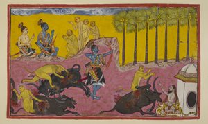 Sugriva en zijn apen, bovenaan links te zien, blijven Rama en Laksmana het verhaal van Baali en Dundubhi vertellen. Baali was zo krachtig dat hij de demon in stukken kon scheuren en het karkas in de lucht kon gooien. door Indian School