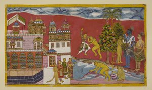 Add 15296 (2) f.16r, Buiten het paleis van Kiskindha door Indian School