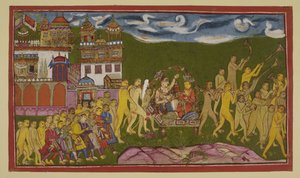 Sugriva en Laksmana worden in een gouden draagstoel, gedragen door apen, van Kiskindha vervoerd. door Indian School