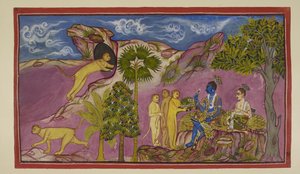 Add 15296 (2) f.9r, Sugriva vertelt Rama dat hij Sita heeft gezien die in een wagen door Ravana werd meegenomen, worstelend en roepend om de namen van Rama en Laksmana. Toen ze hem beneden zag, liet ze haar sieraden en een bovenkleed vallen. Sugriva rent n