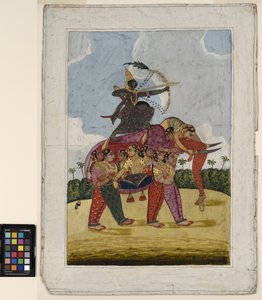 Een olifant, samengesteld uit dansende vrouwen, dient als rijdier voor een boogschutter door Indian School