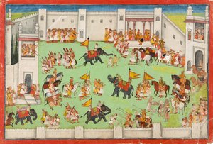 Aankomst van de bruidegom in het paleis, folio uit een Ramayana, ca. 1640-1650