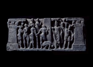 Kunst van Gandhara (of Grieks-Boeddhisme): "Boogschutters van Devadatta vallen Gautama aan" Reliëf van de Gandhara School - 2e tot 4e eeuw - Indian Museum, Calcutta India door Indian School