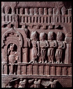 Boeddhisme: "Detail van Overwinning op Mara" detail van de stupa van Bharhut - Zwartstenen reliëf, 2e eeuw v.Chr. - Kolkata, Indian Museum door Indian School