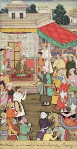 Akbar (r.1556-1605) ontvangt geschenken van de ambassadeurs van Badakhshan, uit de Akbarnama, ca. 1605