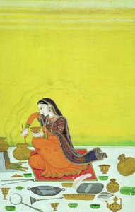 CBL In 11B.30 Een dame bereidt een maaltijd, miniatuur uit een Bhagavata Purana serie, Kangra, c.1810 door Indian School