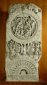 Houtsnede die een verhaal uit de Jataka