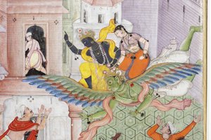 (detail) Krishna splijt de demon Narakasura met zijn discus, c.1585-90