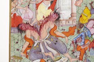 (detail) Krishna splijt de demon Narakasura met zijn discus, c.1585-90 door Indian School