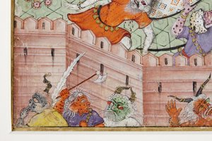 (detail) Krishna splijt de demon Narakasura met zijn discus, c.1585-90 door Indian School