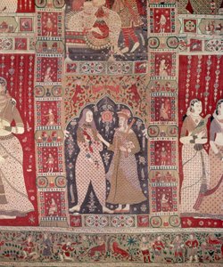Detail van een wandkleed versierd met Europese figuren