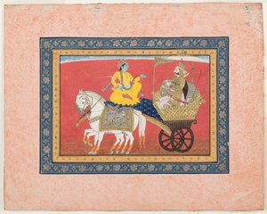 Dialoog tussen Krishna en Arjuna op het slagveld van Kurukshetra door Indian School