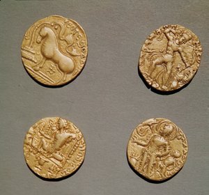 Dinars van Samudragupta (335-375), Kumaragupta I (415-454) en Chandragupta I (320-335)
