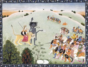 Durga en Kali voor het oprukkende leger van demonen, c.1800-1820 door Indian School