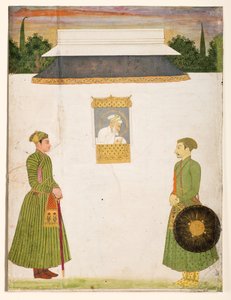 Keizer Aurangzeb bij een jharokha-raam, twee edelen op de voorgrond, c.1710