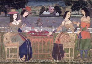 Europeanen die zich verfrissen op een balkon, Mughal, mogelijk Deccan door Indian School