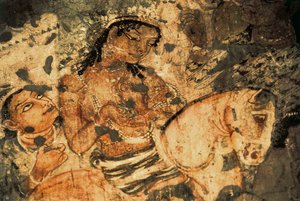 Figuur van een vrouw op de rug van een paard, muurschildering in de Ajanta-grotten (nummer 1), Gupta-periode, 5e-6e eeuw (schilderij)