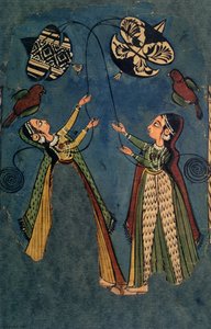 Meisjes vliegeren, Kulu volkschilderij door Indian School