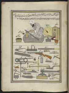 Wapensmid, 86 tekeningen gebonden in een volume die ambachten en beroepen in Kasjmir afbeelden, ambachtslieden worden getoond aan het werk met hun gereedschap en uitrusting, door een Kasjmir kunstenaar, waarschijnlijk in Srinagar, c.1850-60 door Indian School