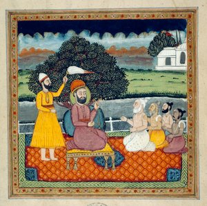 Guru Nanak, de stichter van de Sikh-religie, in discussie met hindoe-heiligen door Indian School