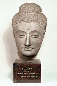 Hoofd van een Boeddhabeeld, uit Gandhara, noordwest India (grijze leisteen)