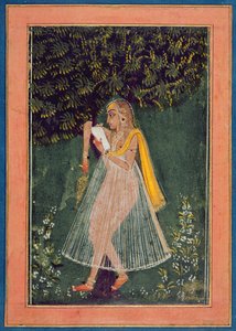 Hindoe dame leest een liefdesbrief onder een boom (gouache, inkt  goud op papier) door Indian School