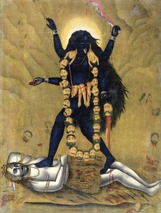 Hindoe godin Kali dansend op Siva