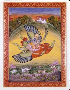 Hindoeïsme: voorstelling van de vogel Garuda die Vishnu draagt, een grote hindoeïstische godheid, en zijn vrouw Lakhmi door Indian School