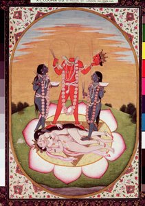 Icoon van Chinnamasta, de Mahavidya die voortkomt uit de samengevoegde lichamen van het Oorspronkelijke Paar, Kangra, ca. 1800 door Indian School