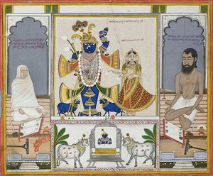 Illustratie voor een manuscript over de aanbidding van Srinathji, Rajasthan, begin 19e eeuw door Indian School