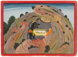 Illustratie bij de Bhagavata Purana: Jambavan geeft het Symantaka juweel aan zijn dochter om mee te spelen, c.1760-65