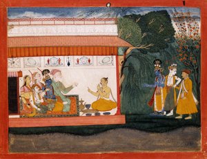 Illustratie bij de Bhagvata Purana die Balarama toont die Akrura bij de hand neemt met zijn jongere broer Krishna, c.1700