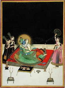Radha en Krishna bewonderen zichzelf in de spiegel, ca. 1800 door Indian School