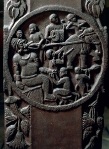 Indiase kunst, hindoeïsme: laag reliëf dat apen voorstelt die een tand uit een reus trekken met behulp van olifanten. 2e eeuw voor Christus. Kolkata, Indian Museum