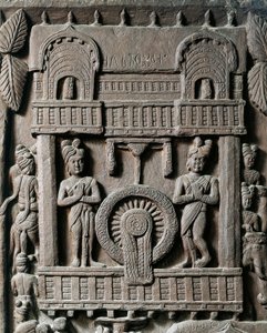 Indiase kunst, hindoeïsme: reliëf dat het laatste bezoek van koning Prasenjit II aan Gautama Boeddha (Boeddha) voorstelt. 2e eeuw voor Christus. Kolkata, Indian Museum door Indian School