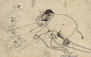 Isarda of kotah voorbereidende tekening van het temmen van een olifant, ca. 1720 door Indian School