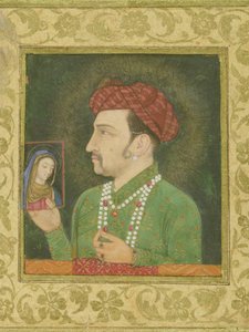 Jahangir met een afbeelding van de Madonna in zijn hand, met inscriptie in het Perzisch: Janhangir Shah, Mughal door Indian School