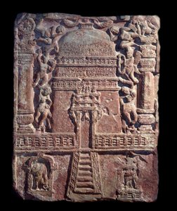 Jain tablet van eerbetoon opgericht door Vasu, de dochter van courtisane Lavana Sobhika (rode zandsteenreliëf, Kushan-rijk) door Indian School
