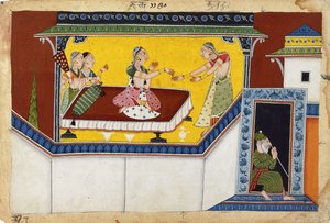 Kaikeyi, de tweede koningin van koning Dasaratha, beloont de gebochelde dienstmeid Manthara (ca. 1690-1700) door Indian School