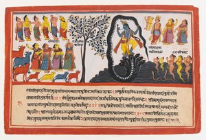 Krishna overwint de slang Kaliya, pagina uit een verspreide Bhagavata Purana-serie door Indian School