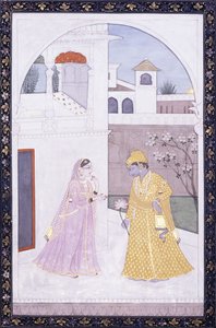 Krishna staat met een lotusbloem, zijn geliefde in een roze sari, ca. 1800